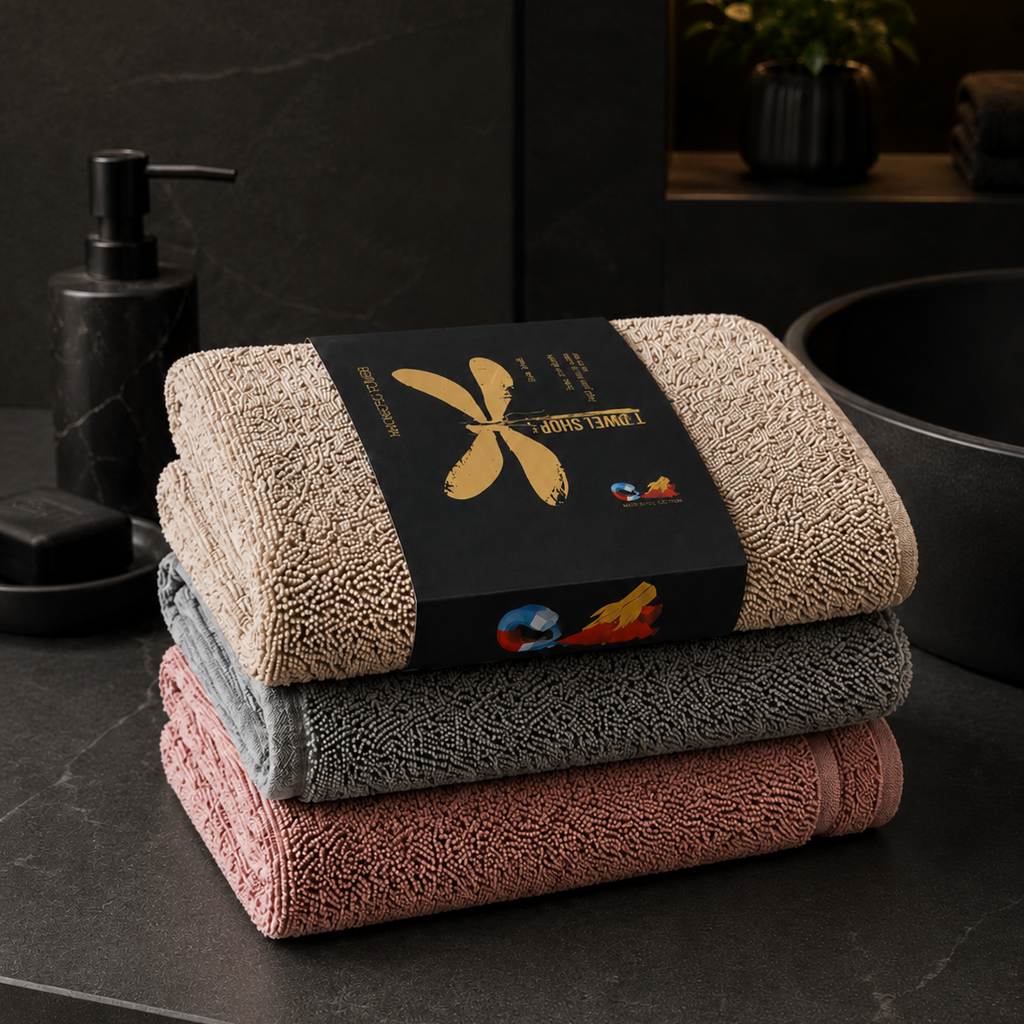 Premium thick bath towels with a built-in magnet.